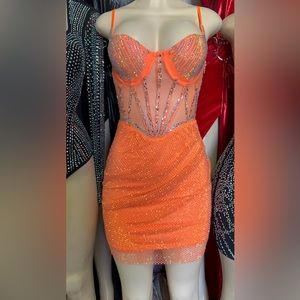 Stunning orange, crystals, mesh with crystals dress, stretchy